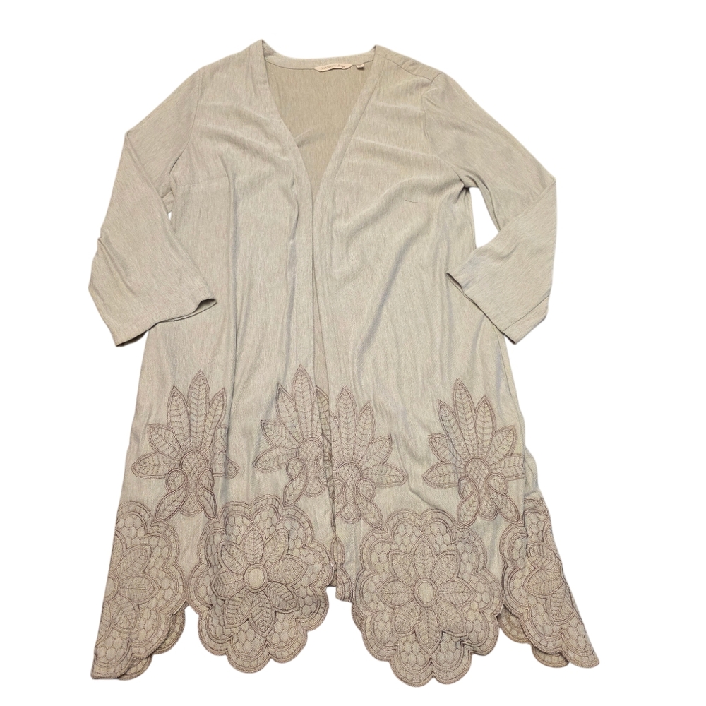 Soft Surroundings Elegant Gray Open Cardigan with Floral Embroidery Size S